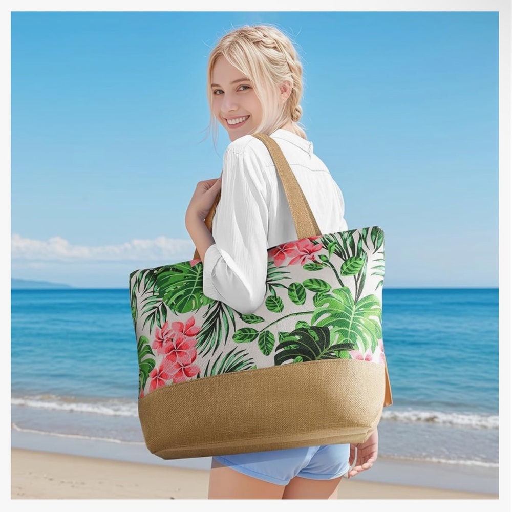 Beach Bag for Women, Large Beach Tote with Zipper, Woven Straw Tote Waterproof, - Picture 6 of 8